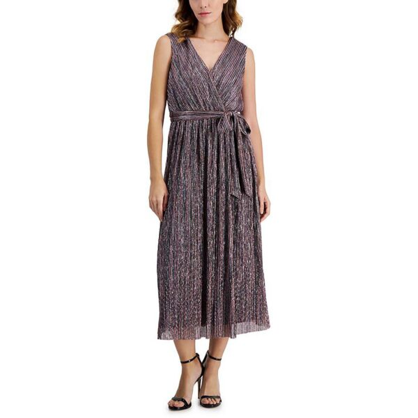 Anne Klein Womens Metallic Tea Length Midi Dress