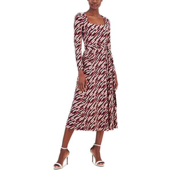 Anne Klein Womens Printed Square Neck Midi Dress