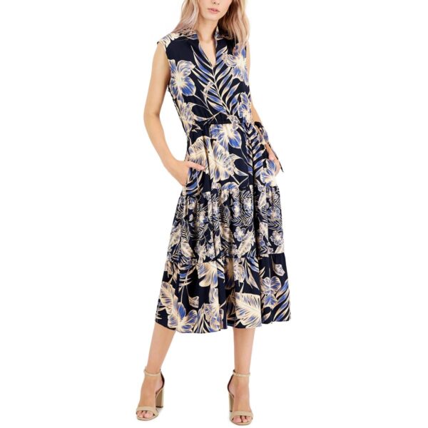 Anne Klein Womens Floral Sleeveless Midi Dress